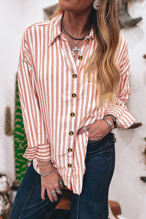 Stripe Western Button Down Long Sleeve Casual Blouse