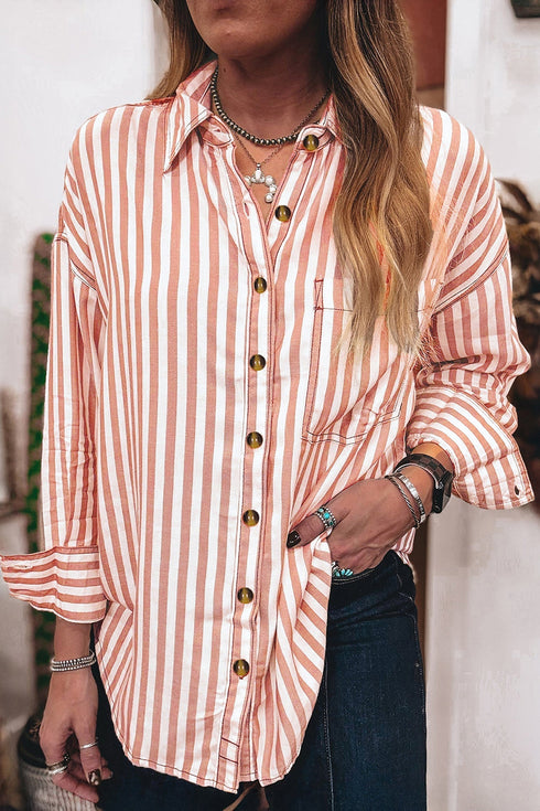 Stripe Western Button Down Long Sleeve Casual Blouse