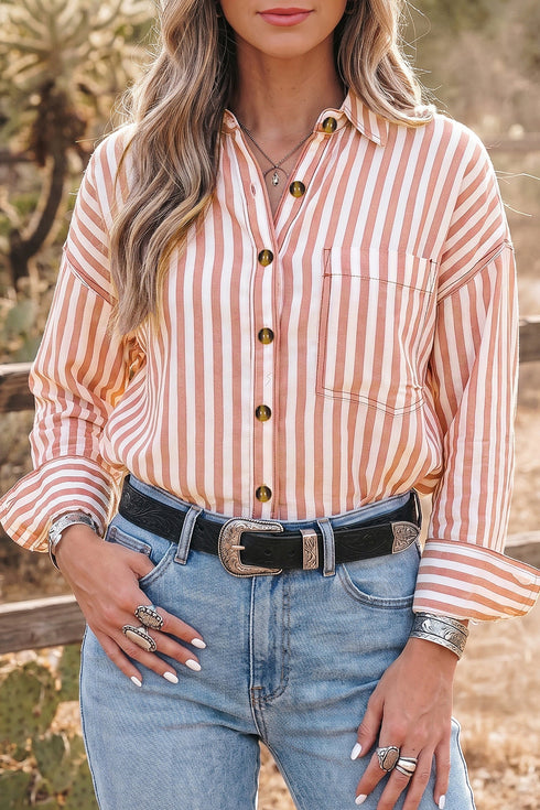 Stripe Western Button Down Long Sleeve Casual Blouse