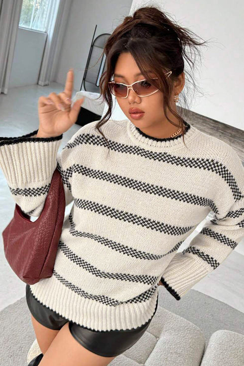 Stripe Wide Sleeve Drop Shoulder Crewneck Sweater