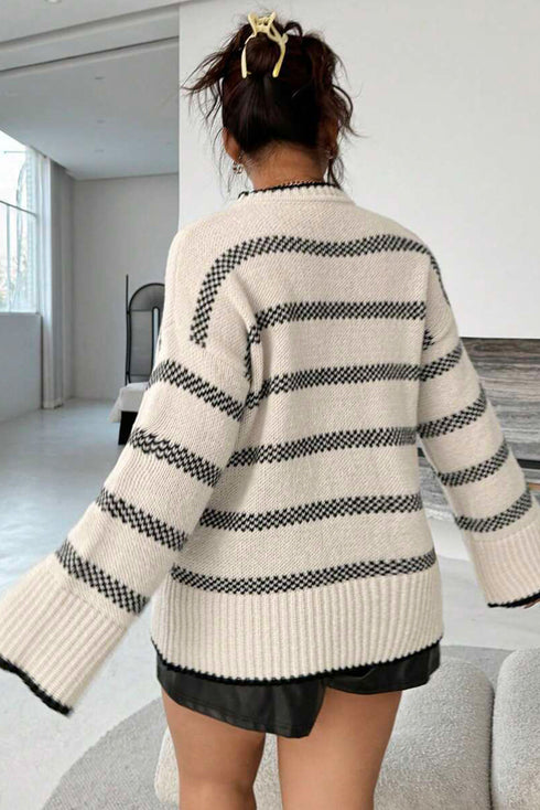 Stripe Wide Sleeve Drop Shoulder Crewneck Sweater