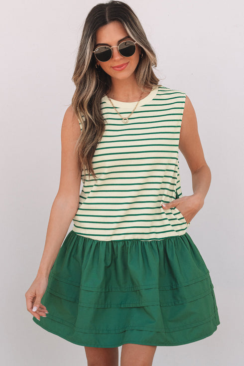 Stripe Woven Ruffled Sleeveless Mini Dress