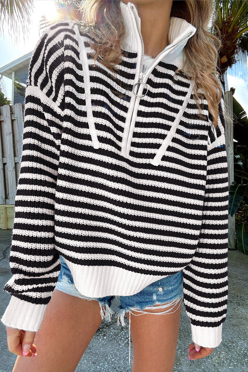 Stripe Zip Up Collar Drop Shoulder Sweater