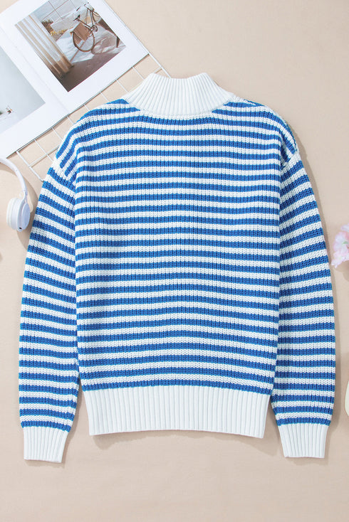 Stripe Zip Up Collar Drop Shoulder Sweater