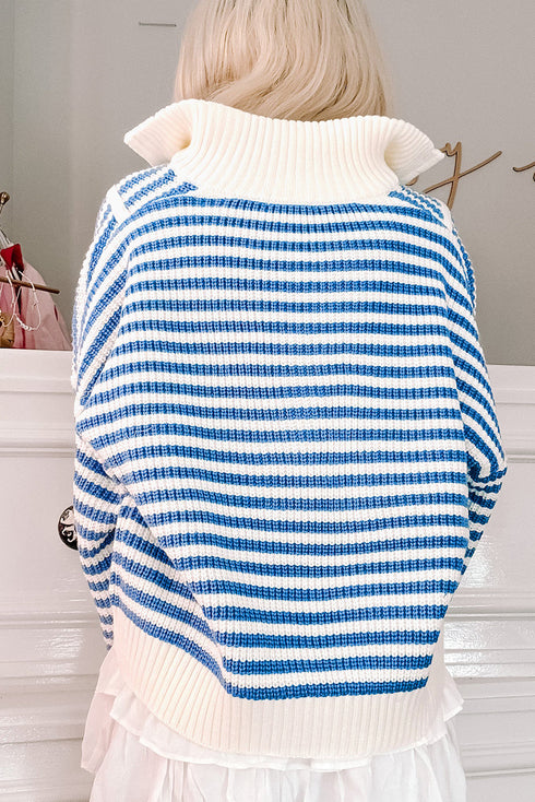 Stripe Zip Up Collar Drop Shoulder Sweater