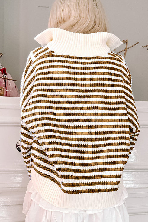 Stripe Zip Up Collar Drop Shoulder Sweater