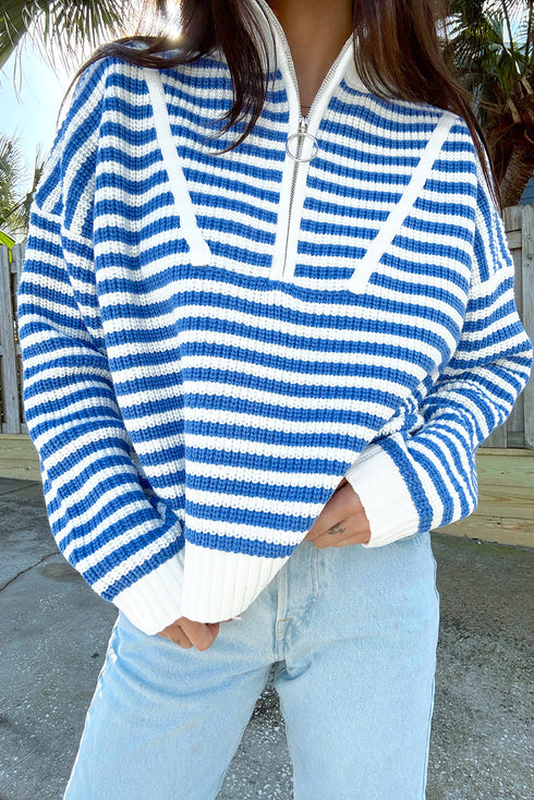 Stripe Zip Up Collar Drop Shoulder Sweater