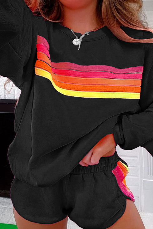 Striped Accent Pullover and Shorts Two Piece Casual Set