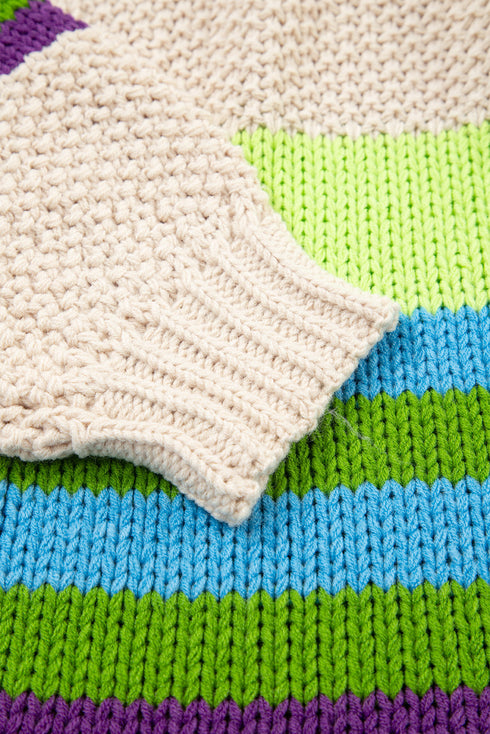 Striped Block Pattern Crochet Open Front Cardigan