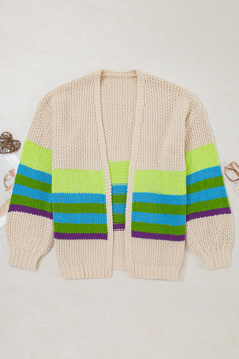 Striped Block Pattern Crochet Open Front Cardigan