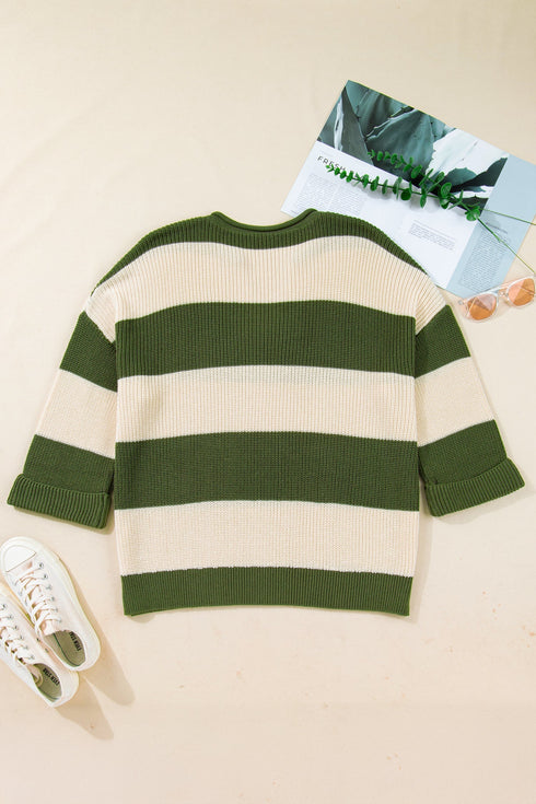 Striped Block Pattern Notched Neck Pullover Sweater