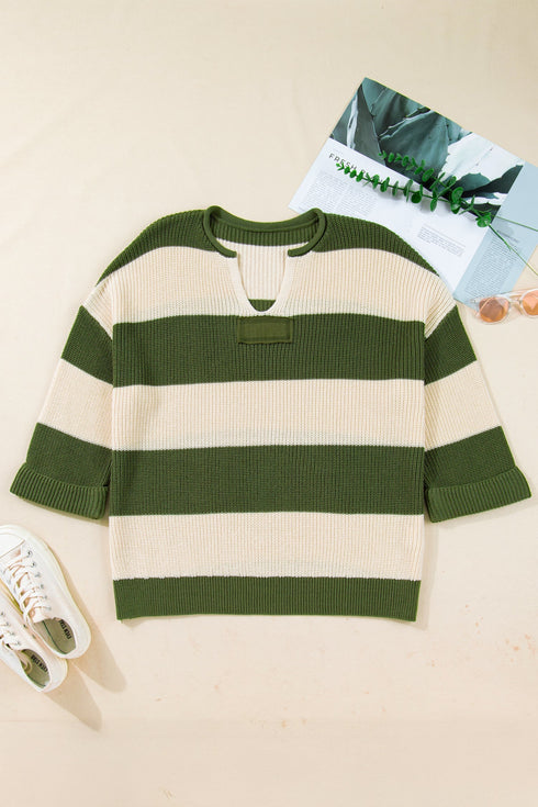 Striped Block Pattern Notched Neck Pullover Sweater