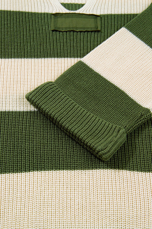 Striped Block Pattern Notched Neck Pullover Sweater