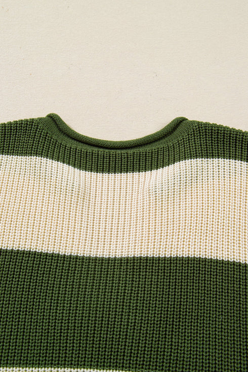 Striped Block Pattern Notched Neck Pullover Sweater