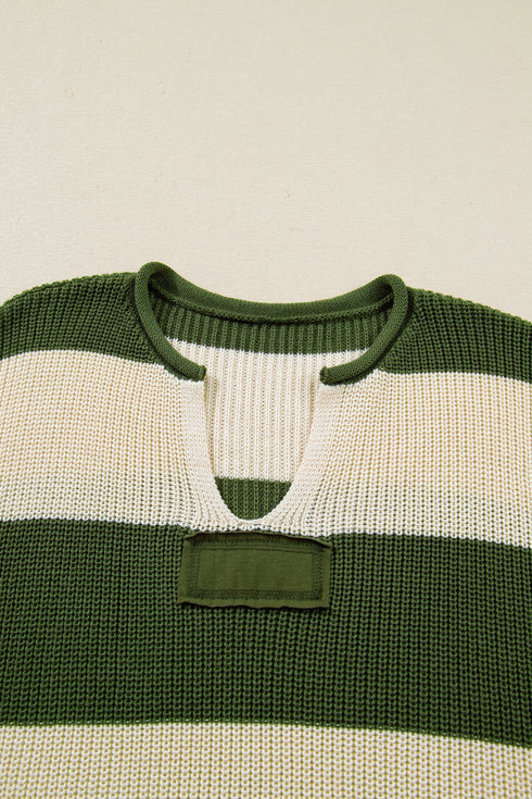 Striped Block Pattern Notched Neck Pullover Sweater