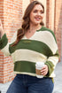 Striped Block Pattern Notched Neck Pullover Sweater