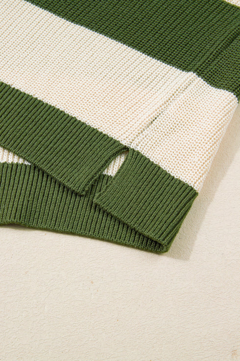 Striped Block Pattern Notched Neck Pullover Sweater