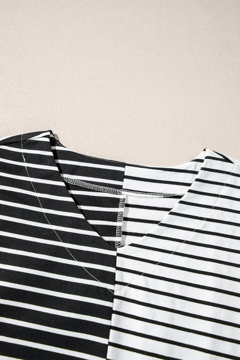 Striped Block Pattern V Neck Short Sleeve Cotton T Shirt