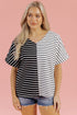 Striped Block Pattern V Neck Short Sleeve Cotton T Shirt
