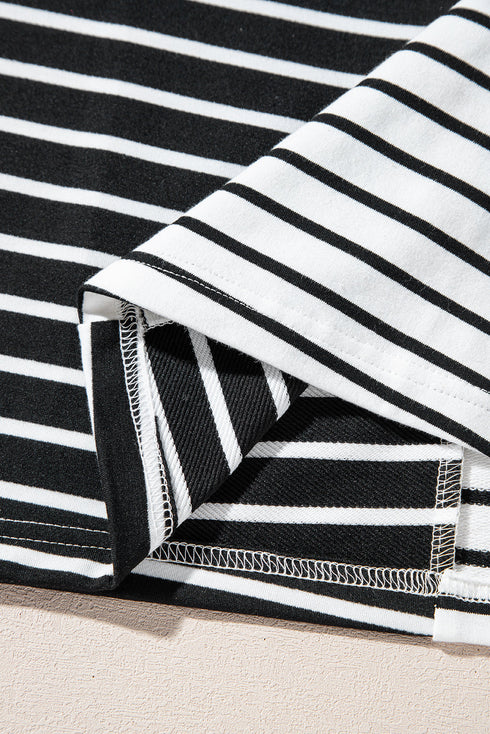 Striped Block Pattern V Neck Short Sleeve Cotton T Shirt