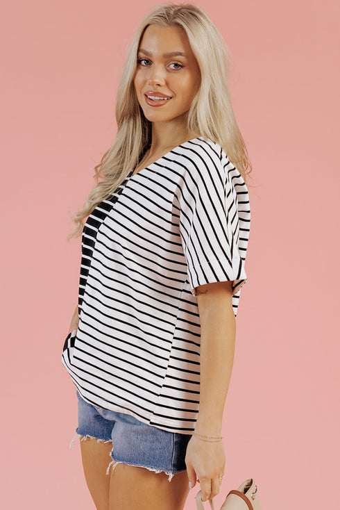Striped Block Pattern V Neck Short Sleeve Cotton T Shirt