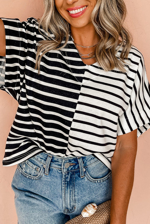 Striped Block Pattern V Neck Short Sleeve Cotton T Shirt