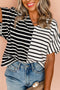 Striped Block Pattern V Neck Short Sleeve Cotton T Shirt