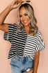 Striped Block Pattern V Neck Short Sleeve Cotton T Shirt