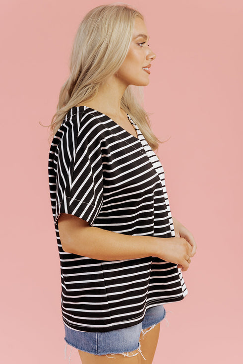 Striped Block Pattern V Neck Short Sleeve Cotton T Shirt