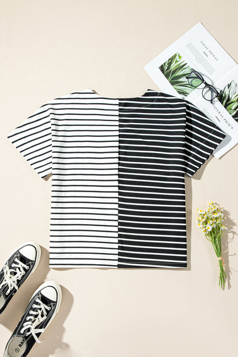 Striped Block Pattern V Neck Short Sleeve Cotton T Shirt