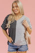 Striped Block Pattern V Neck Short Sleeve Cotton T Shirt