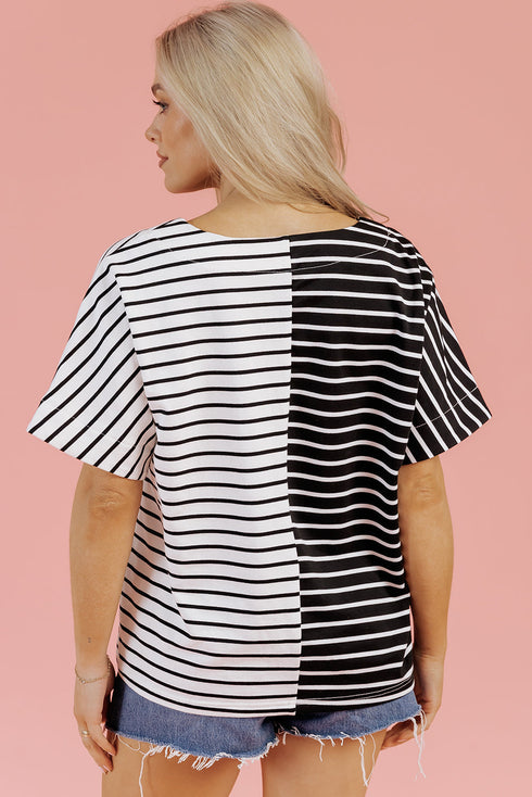Striped Block Pattern V Neck Short Sleeve Cotton T Shirt