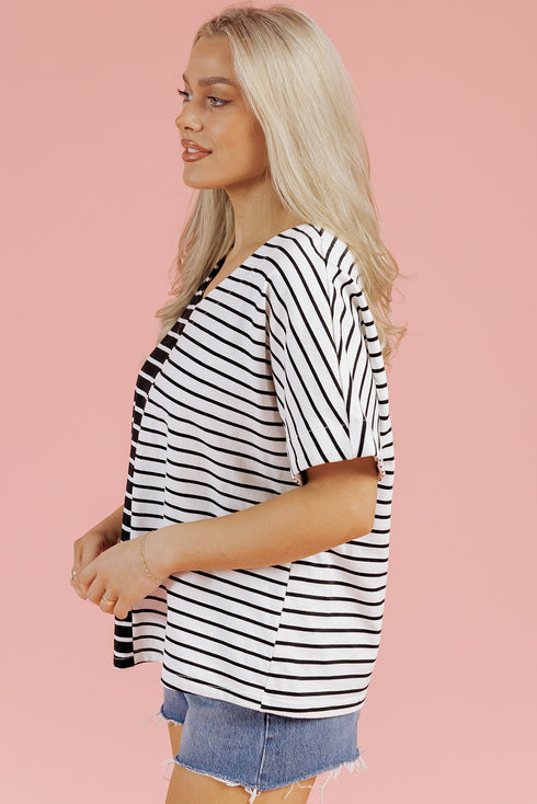 Striped Block Pattern V Neck Short Sleeve Cotton T Shirt