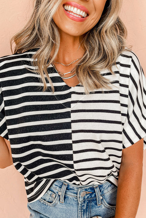 Striped Block Pattern V Neck Short Sleeve Cotton T Shirt