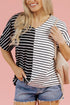 Striped Block Pattern V Neck Short Sleeve Cotton T Shirt