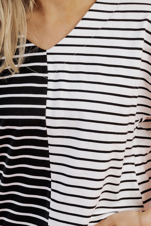 Striped Block Pattern V Neck Short Sleeve Cotton T Shirt
