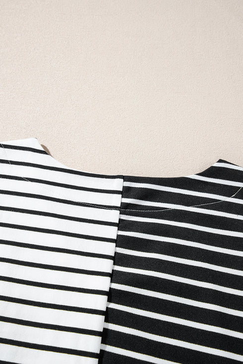 Striped Block Pattern V Neck Short Sleeve Cotton T Shirt