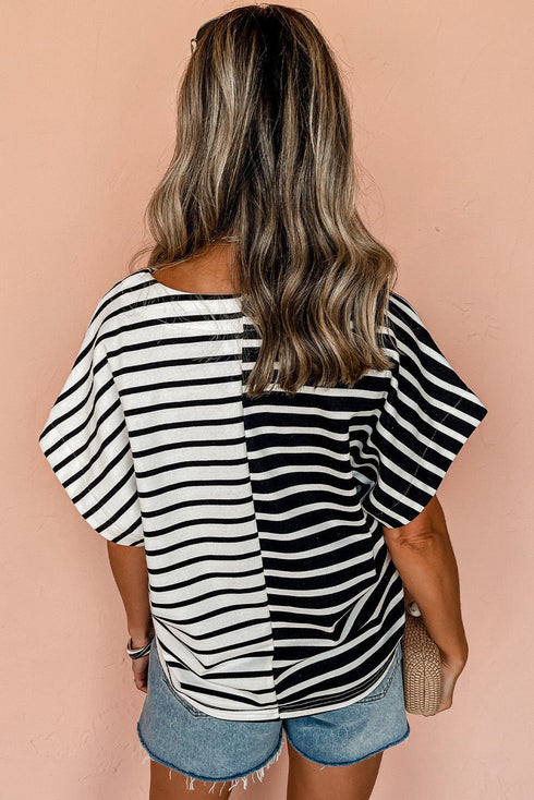 Striped Block Pattern V Neck Short Sleeve Cotton T Shirt