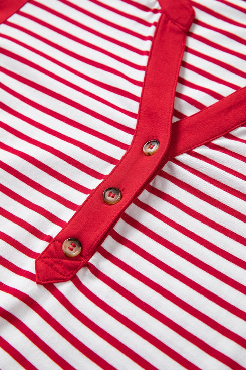 Striped Bodice Solid Balloon Sleeve Henley Top