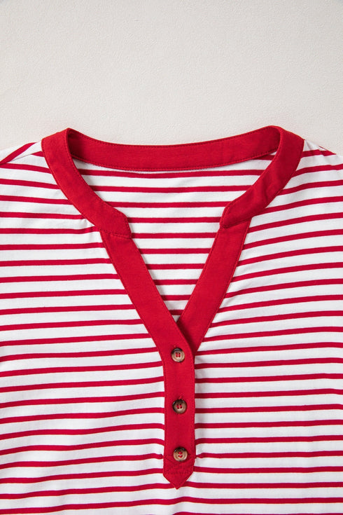 Striped Bodice Solid Balloon Sleeve Henley Top