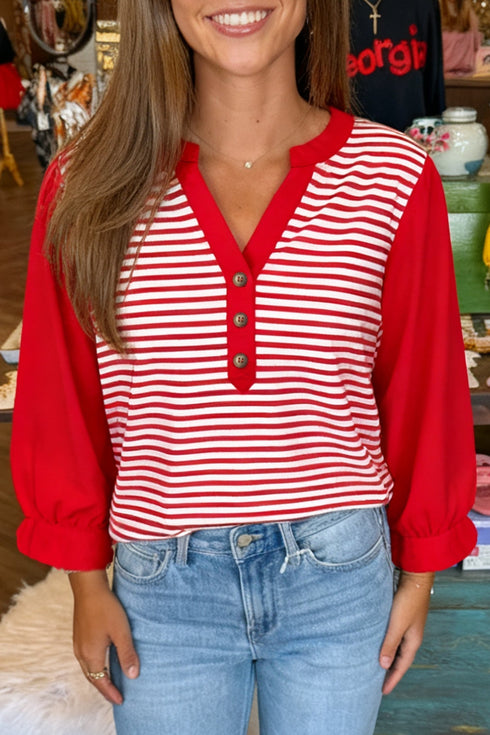 Striped Bodice Solid Balloon Sleeve Henley Top