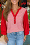 Striped Bodice Solid Balloon Sleeve Henley Top