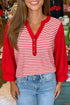 Striped Bodice Solid Balloon Sleeve Henley Top