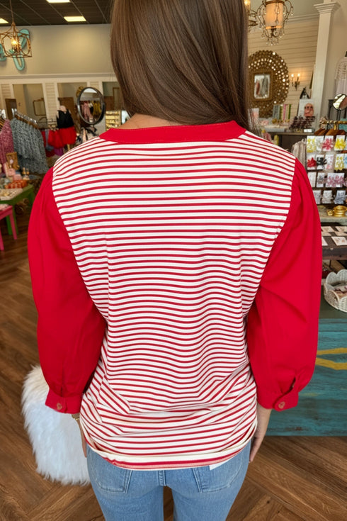 Striped Bodice Solid Balloon Sleeve Henley Top