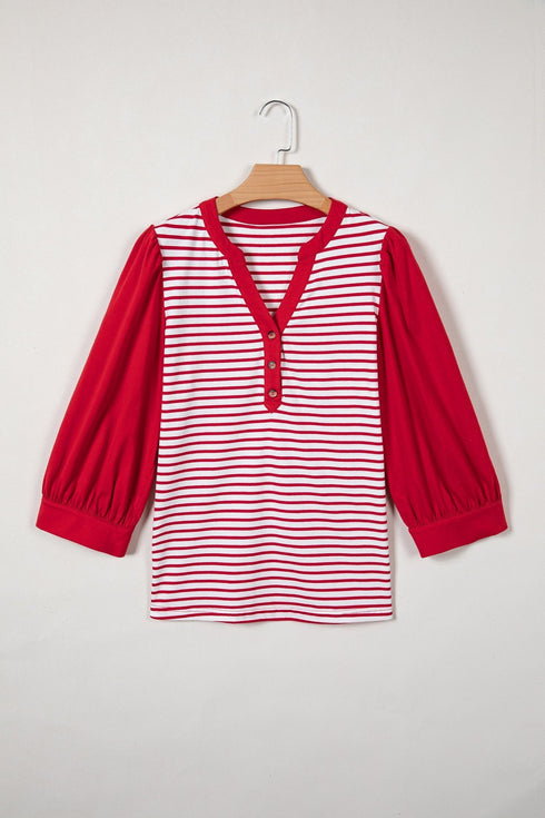 Striped Bodice Solid Balloon Sleeve Henley Top
