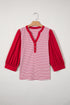 Striped Bodice Solid Balloon Sleeve Henley Top
