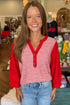 Striped Bodice Solid Balloon Sleeve Henley Top