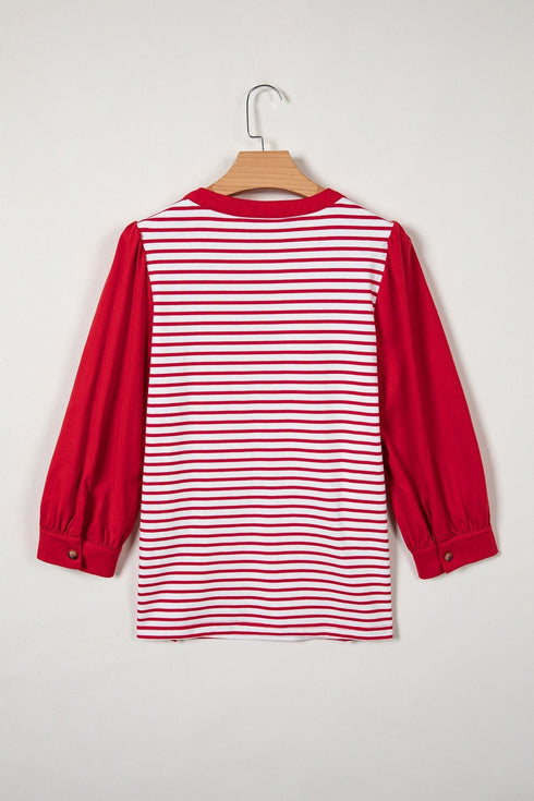 Striped Bodice Solid Balloon Sleeve Henley Top