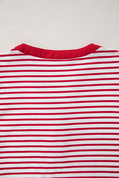 Striped Bodice Solid Balloon Sleeve Henley Top