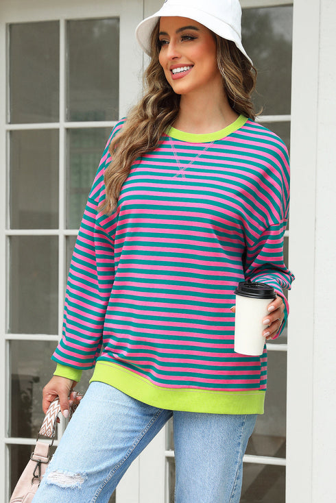 Striped Body Contrast Sleeve Crossed Stitch Drop Shoulder Casual Crew Neck Sweatshirt